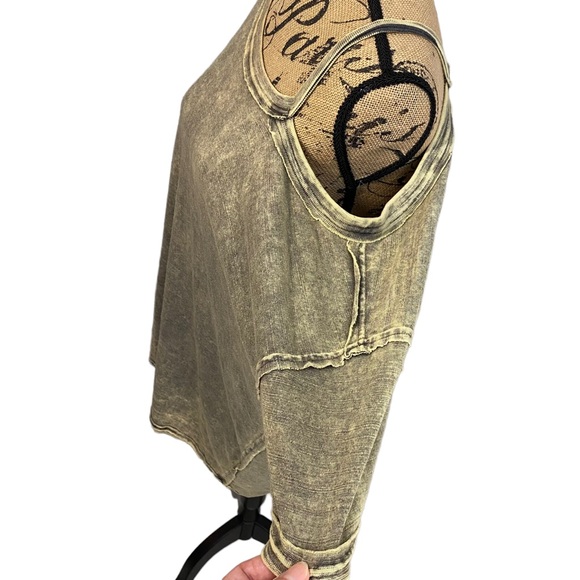 Free People We The Free Army Green Distressed Alex Split Shoulder Tee, Size Med. - Picture 6 of 14